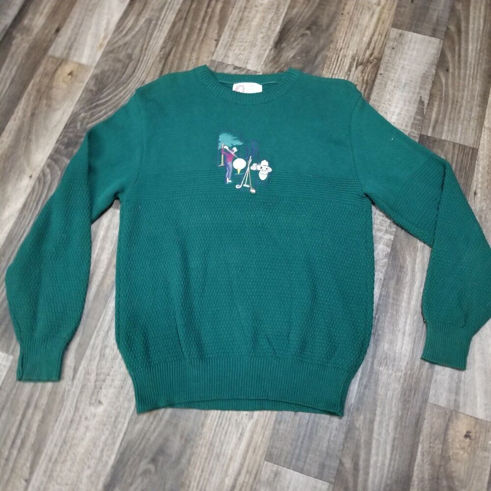 Men’s Medium Vintage 80’s-90’s Isle Of Cotton Golf Embroidered USA Sweater Green